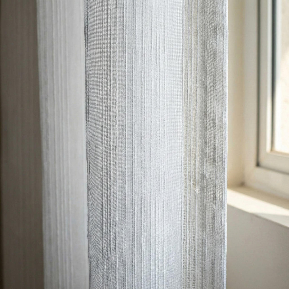 White Linen Sheer Curtains, Embroidered Stripe, Custom Size — image 1