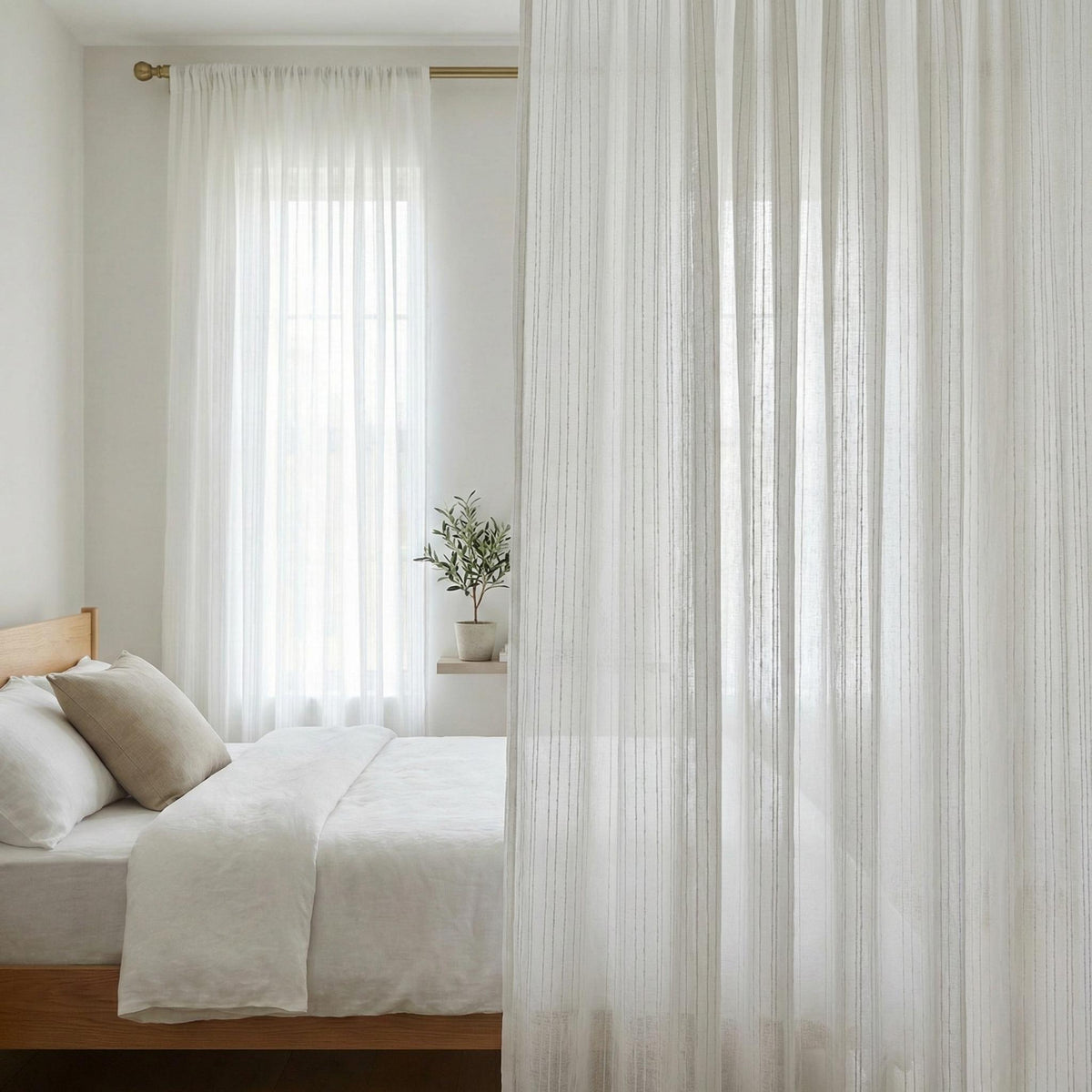 White Linen Sheer Curtains, Embroidered Stripe, Custom Size — image 9