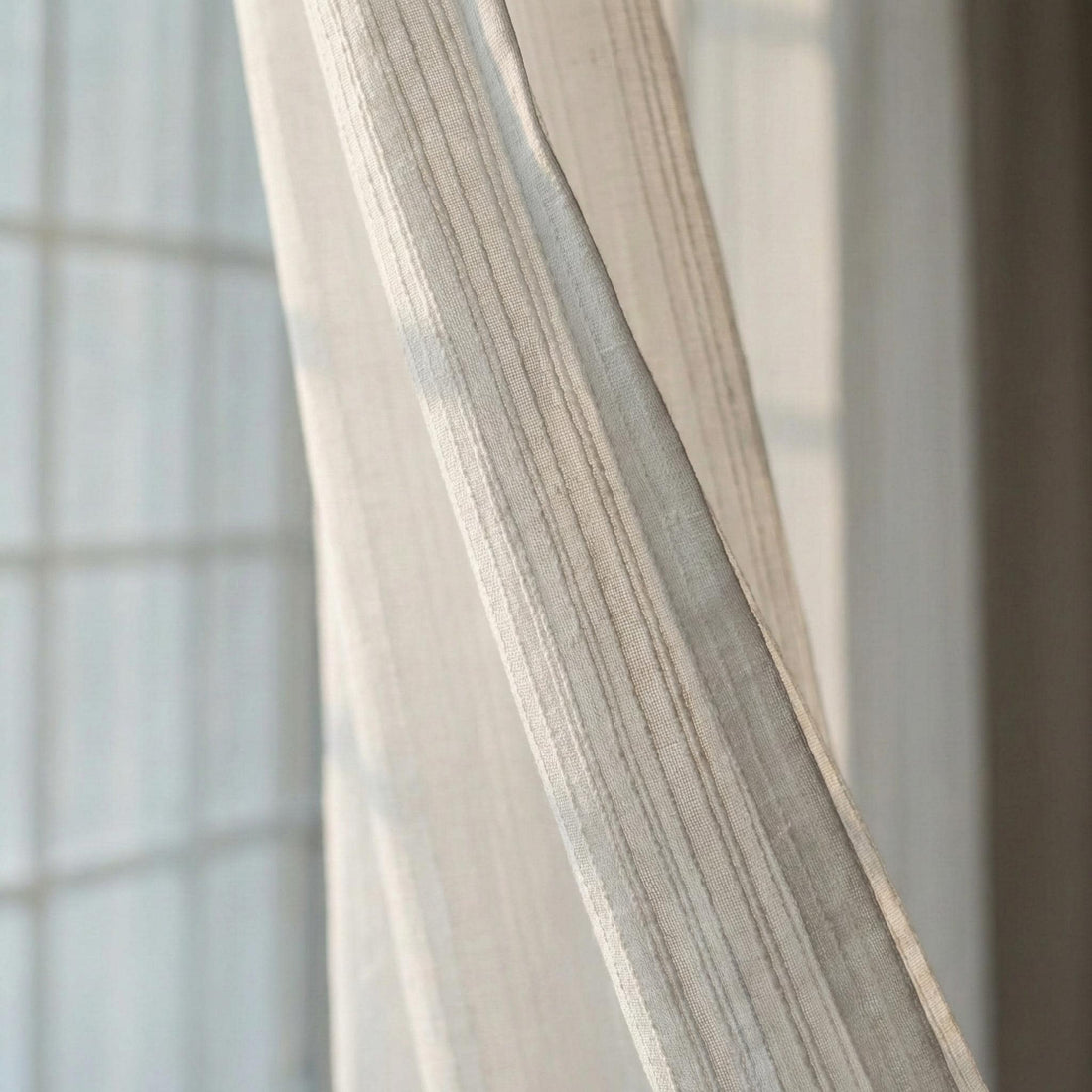 White Linen Sheer Curtains, Embroidered Stripe, Custom Size — image 1