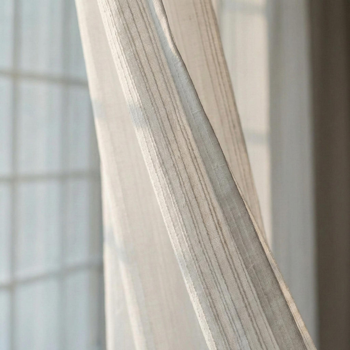 White Linen Sheer Curtains, Embroidered Stripe, Custom Size — image 1