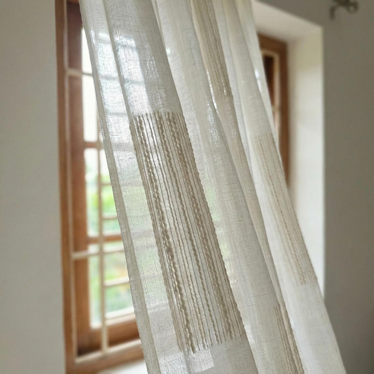 Embroidered Linen Sheer Curtain, Textured Stripe, Custom Length — image 4