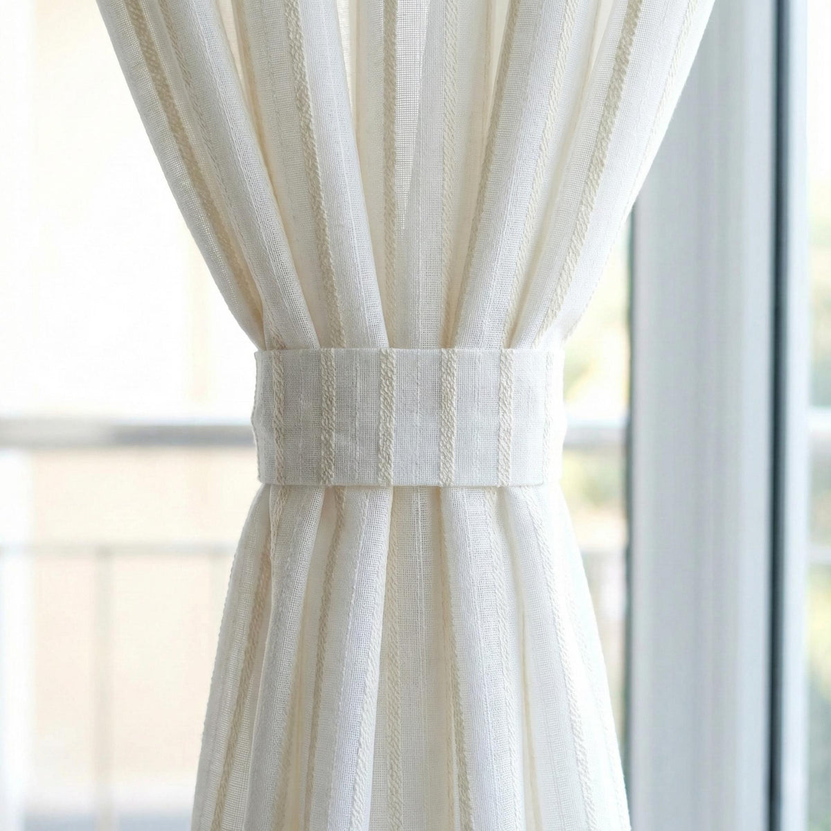 Embroidered Linen Sheer Curtain, Ivory White, Vertical Stripe, Custom Size — image 3