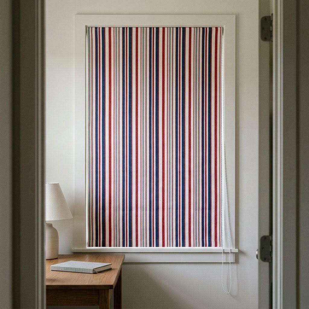 Red Blue Stripe Linen Roman Shade, Ticking Farmhouse Blind, Custom Made (Light Filtering or Blackout) — image 4