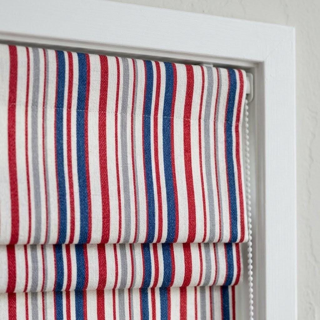 Red Blue Stripe Linen Roman Shade, Ticking Farmhouse Blind, Custom Made (Light Filtering or Blackout) — image 2