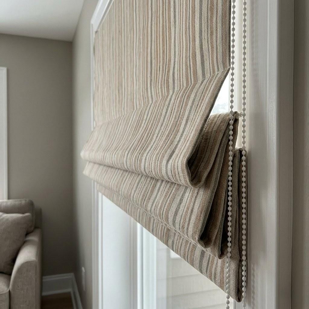 Roman Shade: Organic Linen with Eco-Printed Farmhouse Stripe - Custom Size — image 8