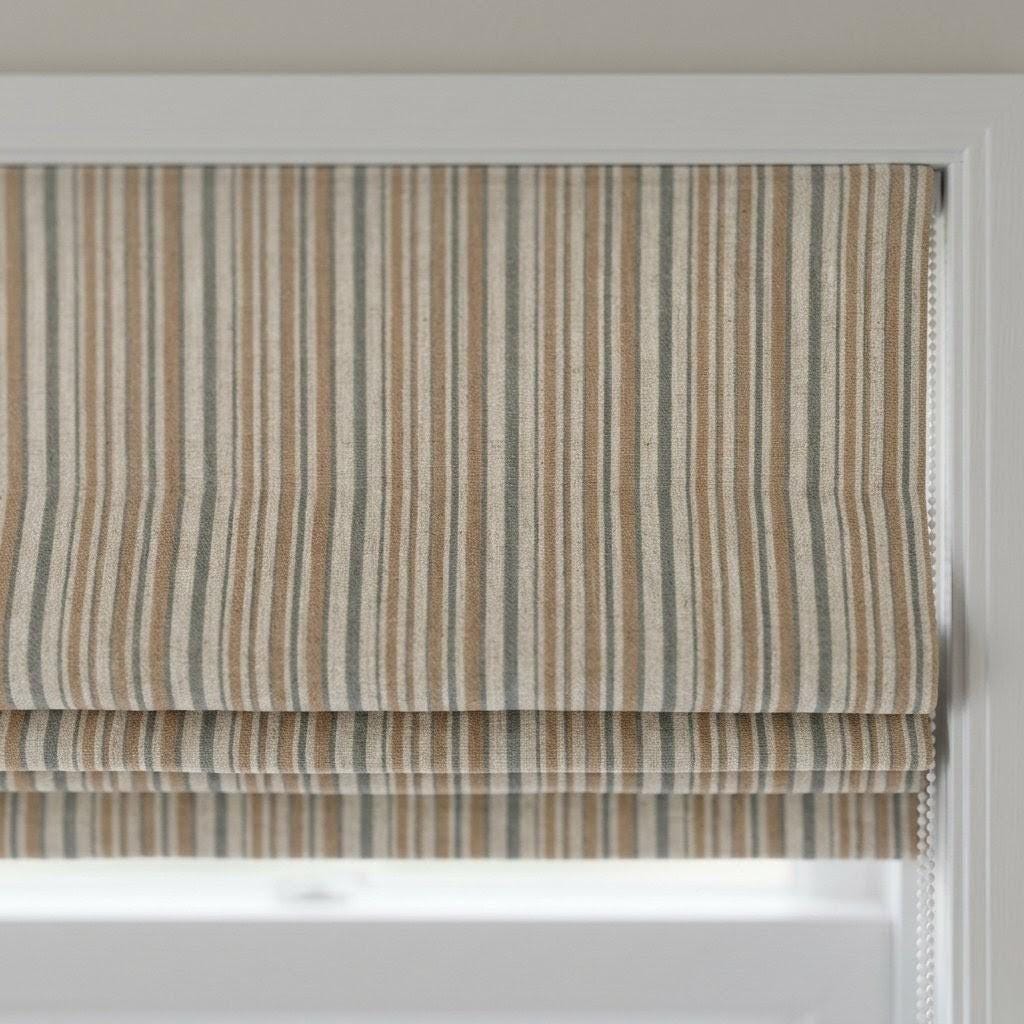 Roman Shade: Organic Linen with Eco-Printed Farmhouse Stripe - Custom Size — image 1