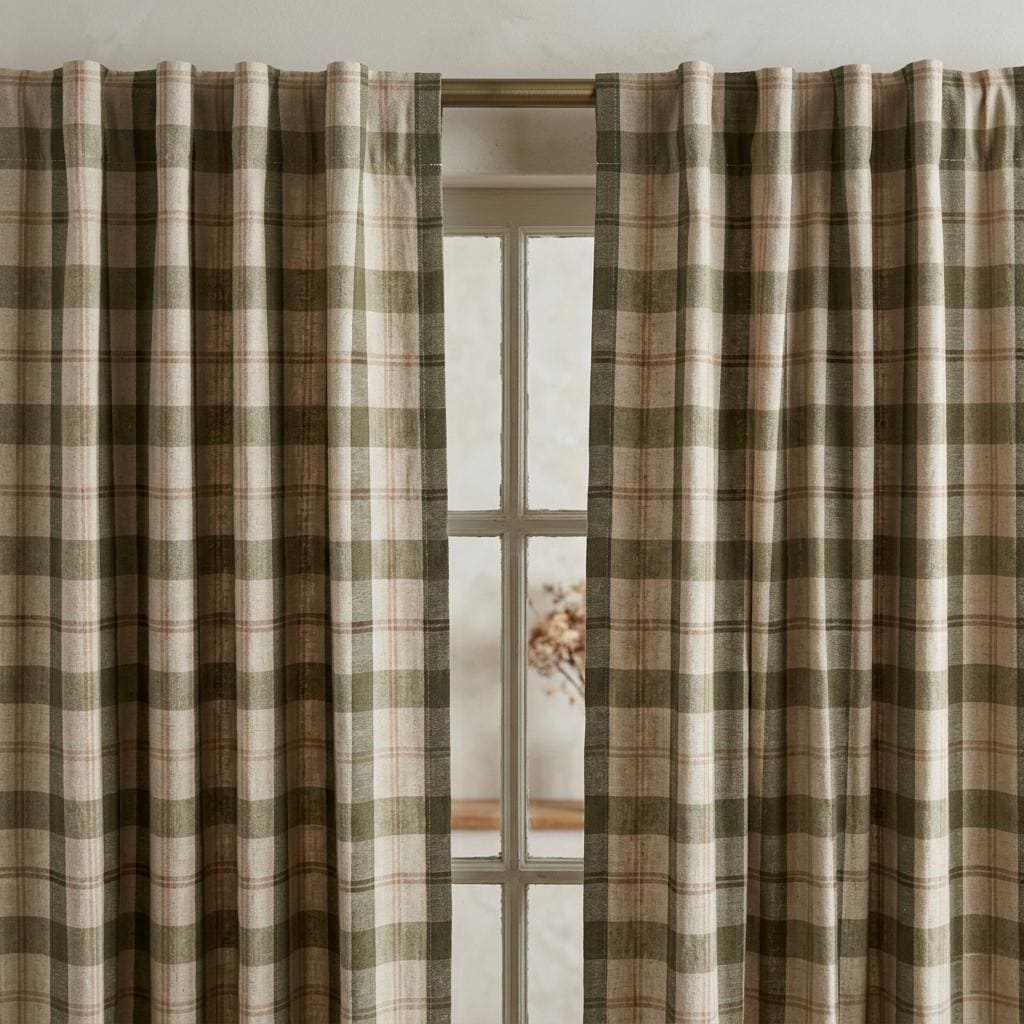 Farmhouse Linen Curtains, Olive Green Check, Peach Tan Accents (Custom Sizes) — image 6