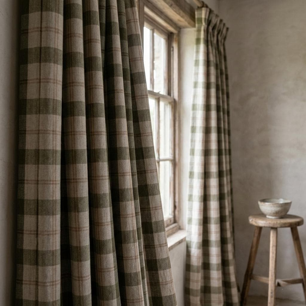 Farmhouse Linen Curtains, Olive Green Check, Peach Tan Accents (Custom Sizes) — image 5