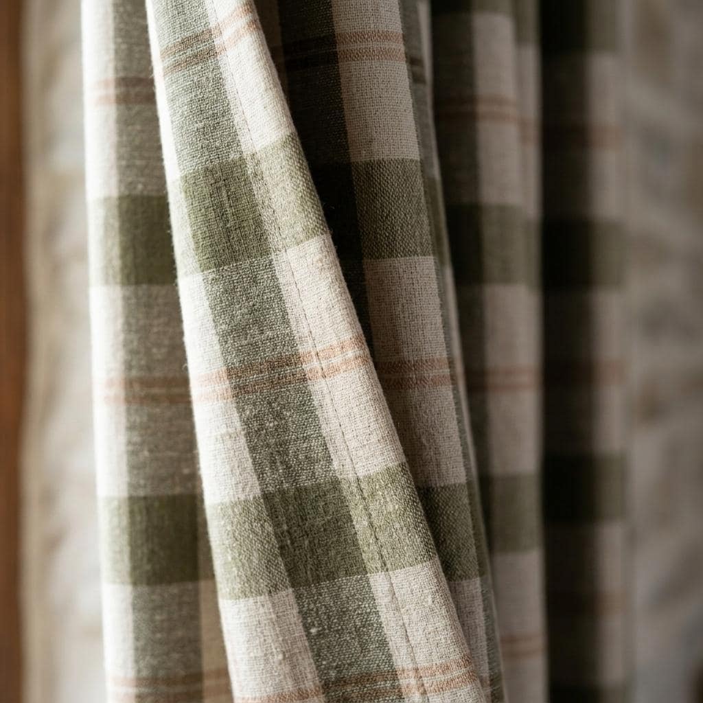 Farmhouse Linen Curtains, Olive Green Check, Peach Tan Accents (Custom Sizes) — image 7