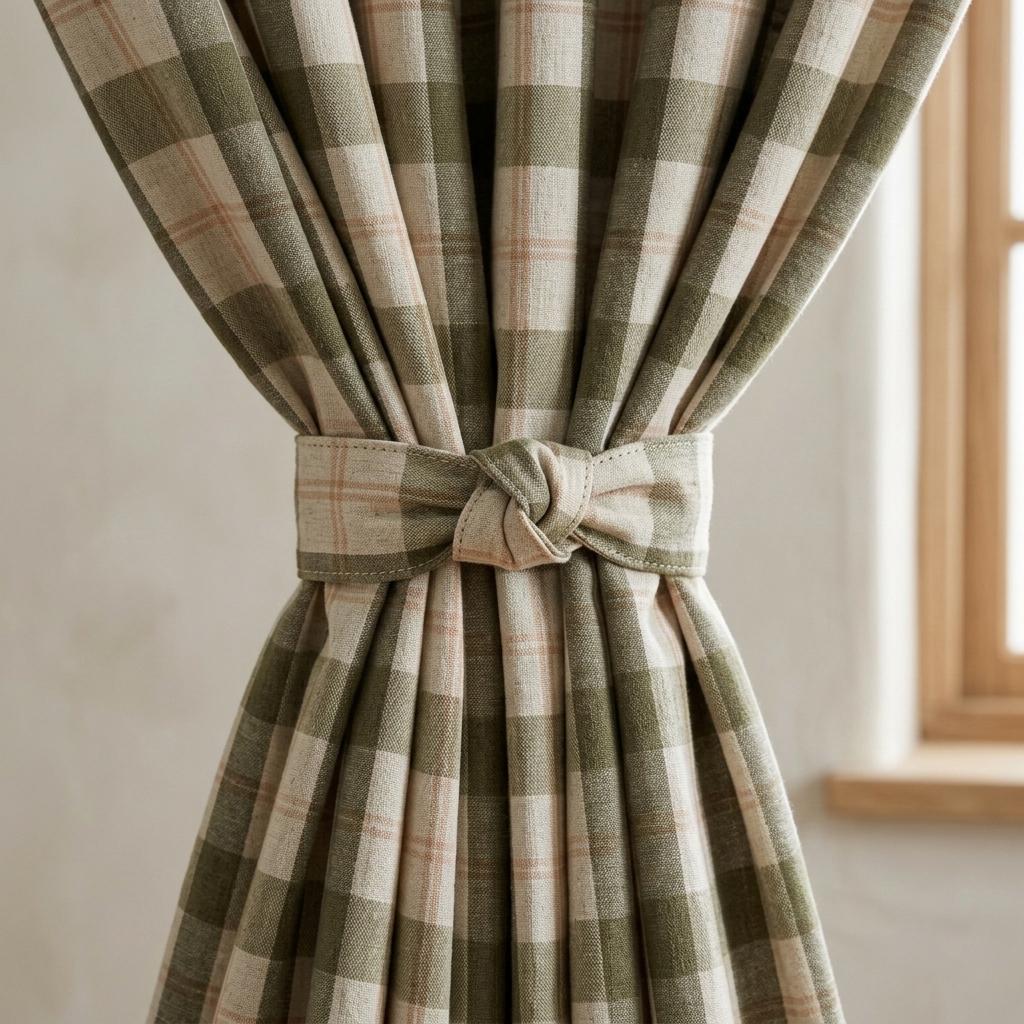 Farmhouse Linen Curtains, Olive Green Check, Peach Tan Accents (Custom Sizes) — image 3