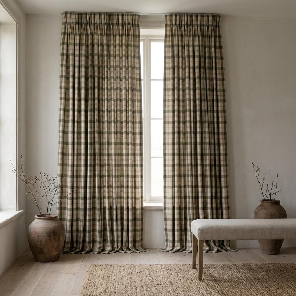 Farmhouse Linen Curtains, Olive Green Check, Peach Tan Accents (Custom Sizes) — image 4