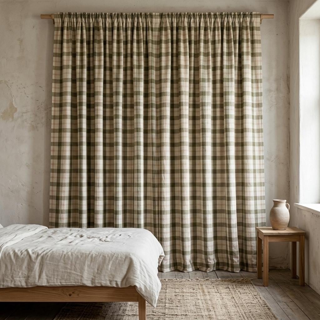 Farmhouse Linen Curtains, Olive Green Check, Peach Tan Accents (Custom Sizes) — image 9