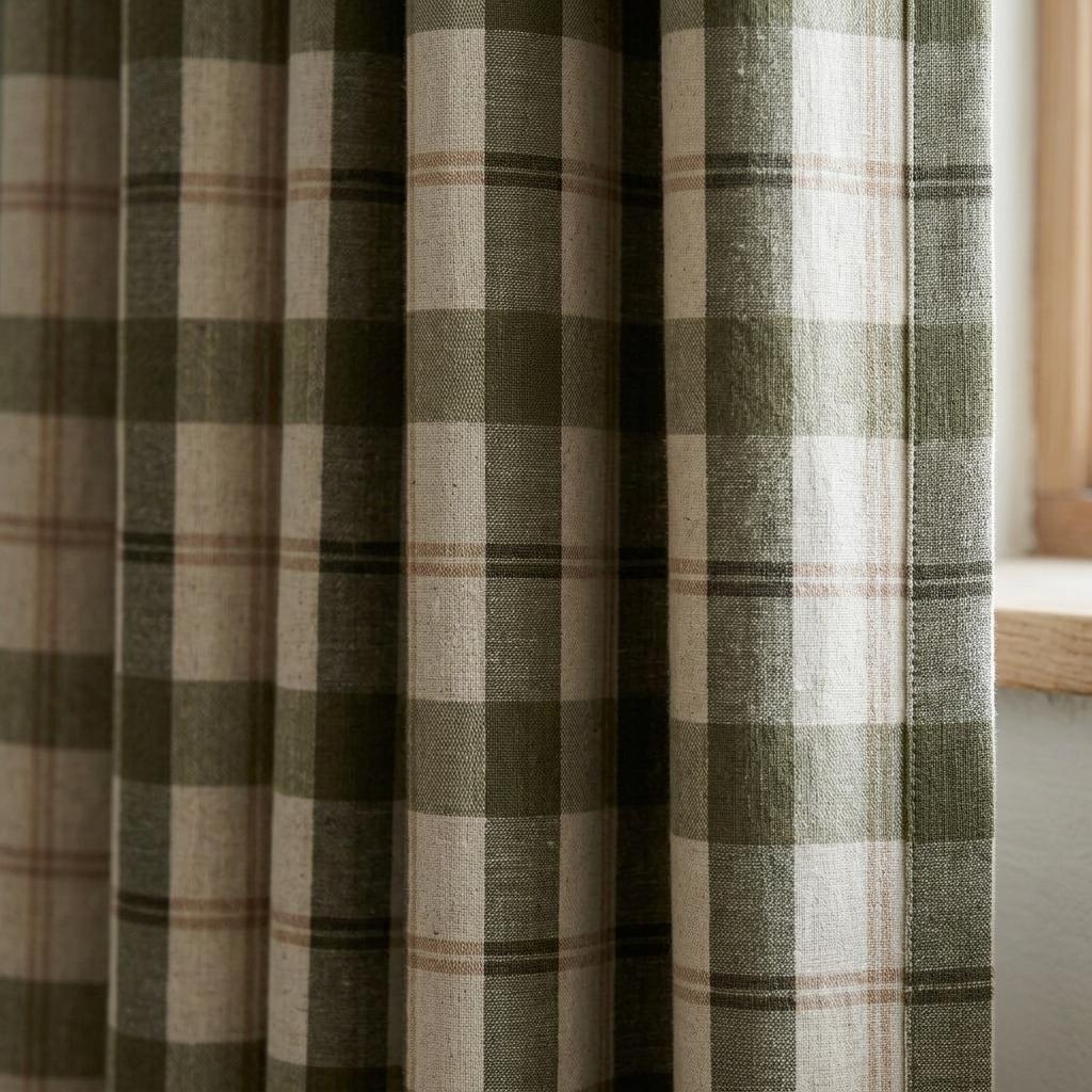 Farmhouse Linen Curtains, Olive Green Check, Peach Tan Accents (Custom Sizes) — image 2