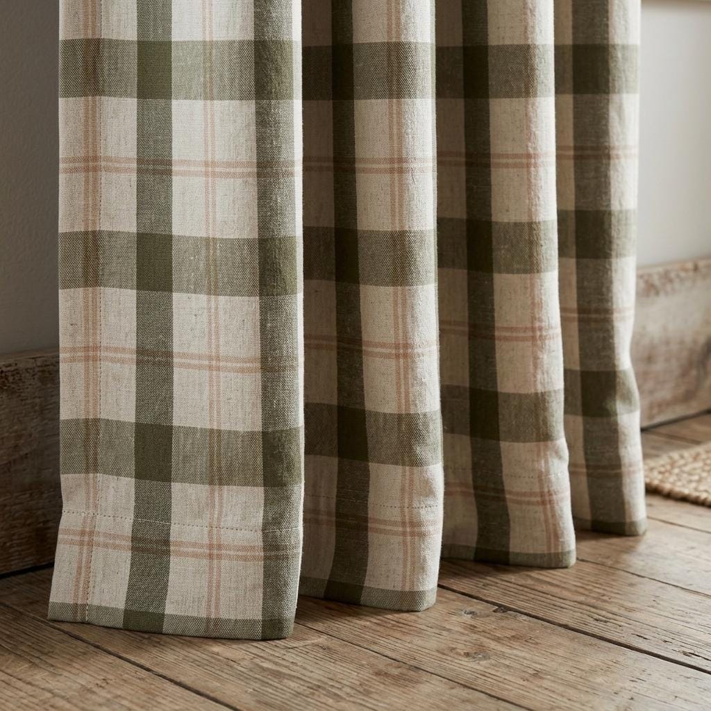 Farmhouse Linen Curtains, Olive Green Check, Peach Tan Accents (Custom Sizes) — image 1