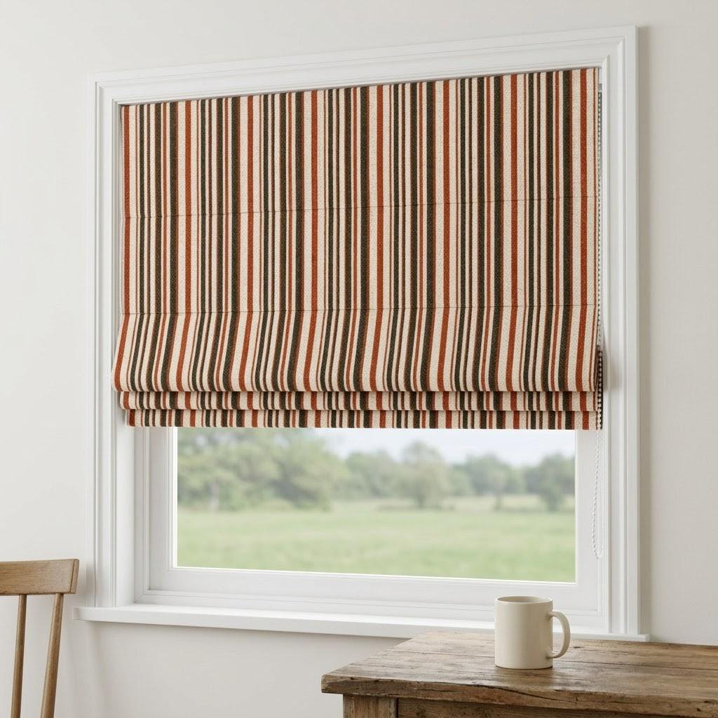 Custom Striped Linen Roman Shades, Rust Terracotta Farmhouse Blinds (Blackout/Light Filtering) — image 3