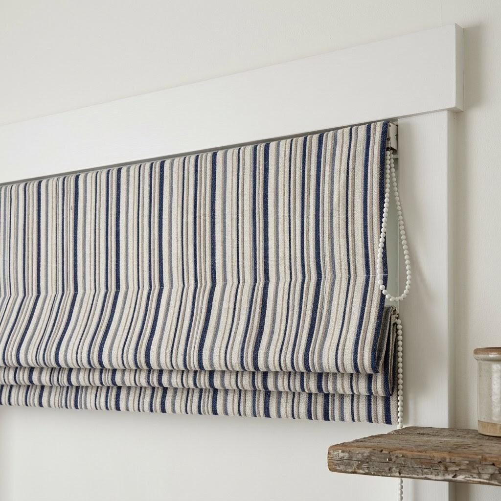 Custom Striped Linen Roman Shades, Navy Blue Beige Farmhouse Window Treatments — image 3