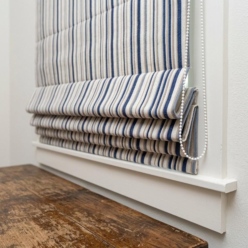 Custom Striped Linen Roman Shades, Navy Blue Beige Farmhouse Window Treatments — image 6