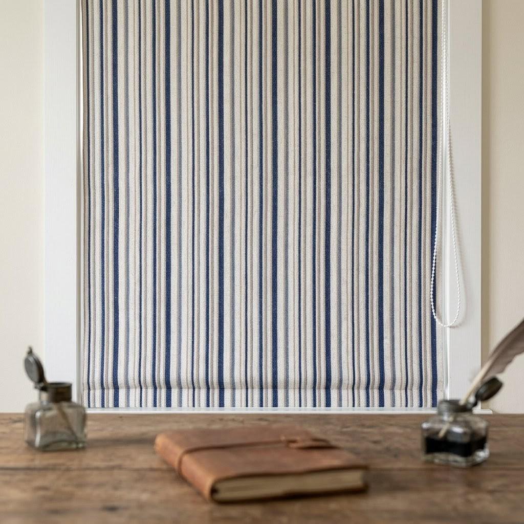 Custom Striped Linen Roman Shades, Navy Blue Beige Farmhouse Window Treatments — image 4