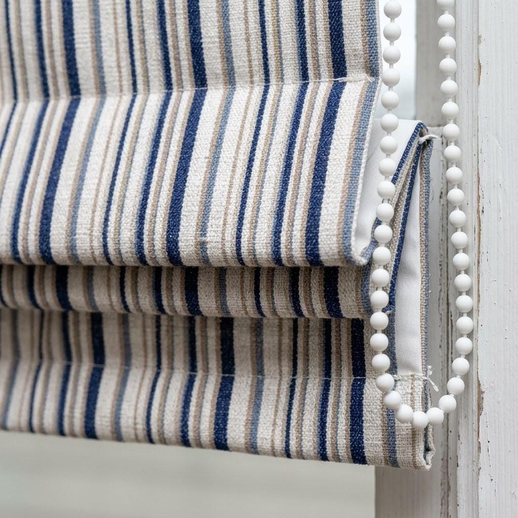 Custom Striped Linen Roman Shades, Navy Blue Beige Farmhouse Window Treatments — image 1