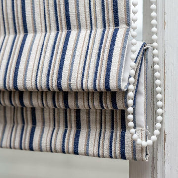 Custom Striped Linen Roman Shades, Navy Blue Beige Farmhouse Window Treatments — image 1