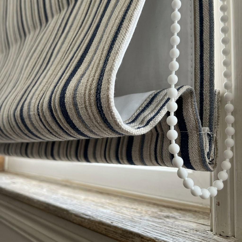 Custom Striped Linen Roman Shades, Navy Blue Beige Farmhouse Window Treatments — image 7