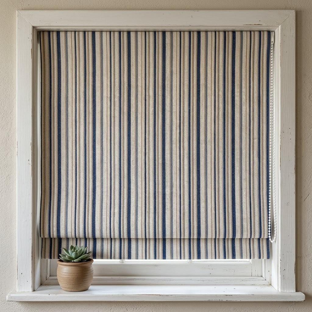 Custom Striped Linen Roman Shades, Navy Blue Beige Farmhouse Window Treatments — image 8
