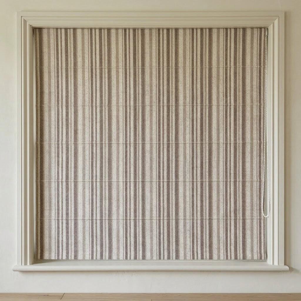 Custom Striped Linen Roman Shades, Taupe Beige Farmhouse Window Treatments (OEKO TEX) — image 3