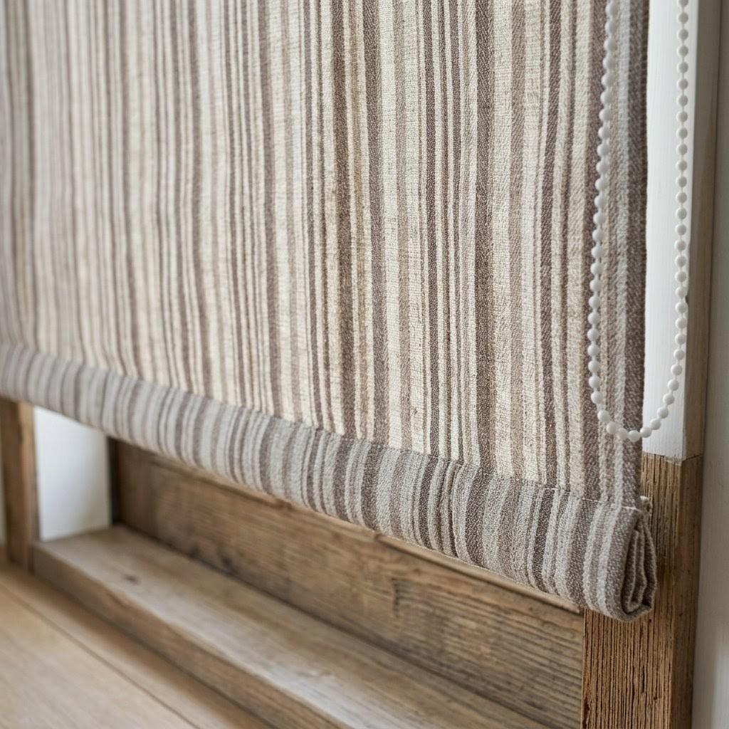 Custom Striped Linen Roman Shades, Taupe Beige Farmhouse Window Treatments (OEKO TEX) — image 8
