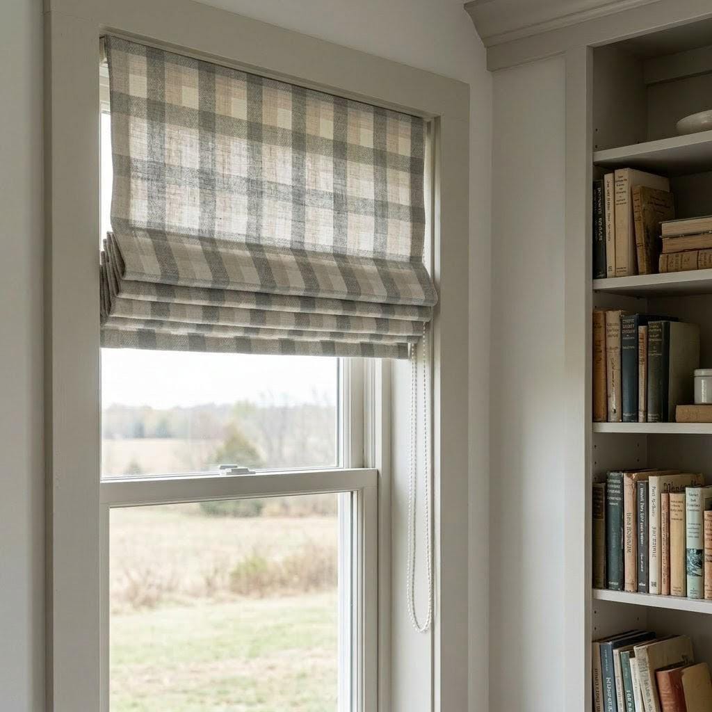Custom Plaid Linen Roman Shades, Farmhouse Window Treatments (Blackout/Light Filtering) — image 5