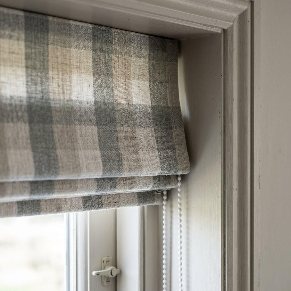 Custom Plaid Linen Roman Shades, Farmhouse Window Treatments (Blackout/Light Filtering) — image 6