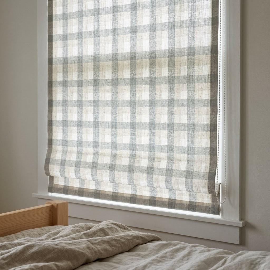 Custom Plaid Linen Roman Shades, Farmhouse Window Treatments (Blackout/Light Filtering) — image 8