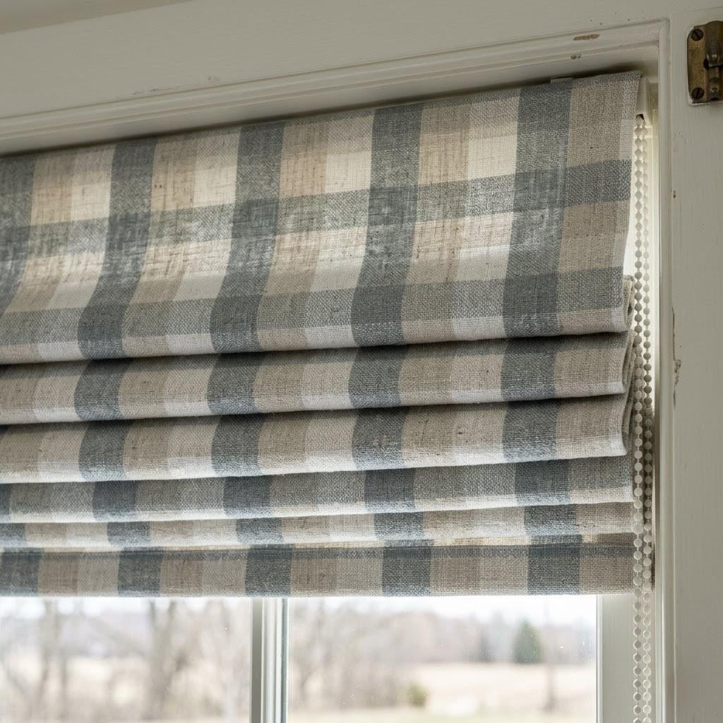 Custom Plaid Linen Roman Shades, Farmhouse Window Treatments (Blackout/Light Filtering) — image 9