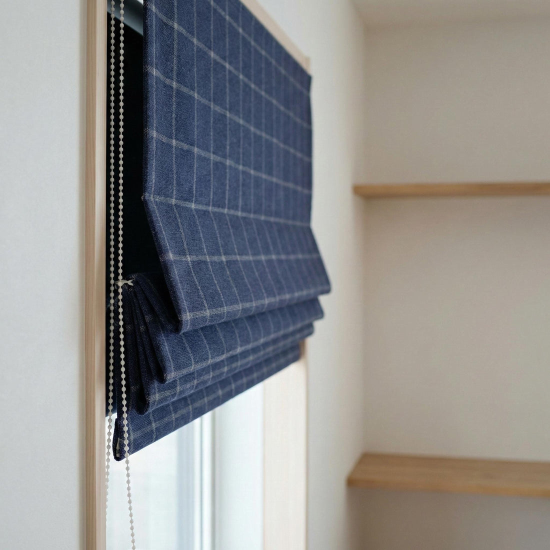 Navy Blue Plaid Linen Roman Shade, Custom Corded Window Blind (Light Filtering or Blackout) — image 1
