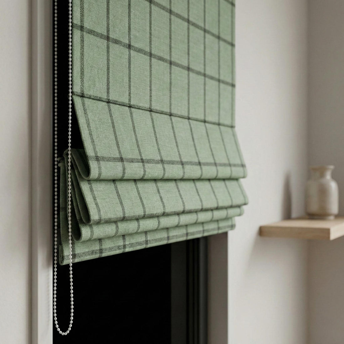 Sage Green Plaid Linen Roman Shade, Custom Corded Window Blind, Light Filtering or Blackout — image 1