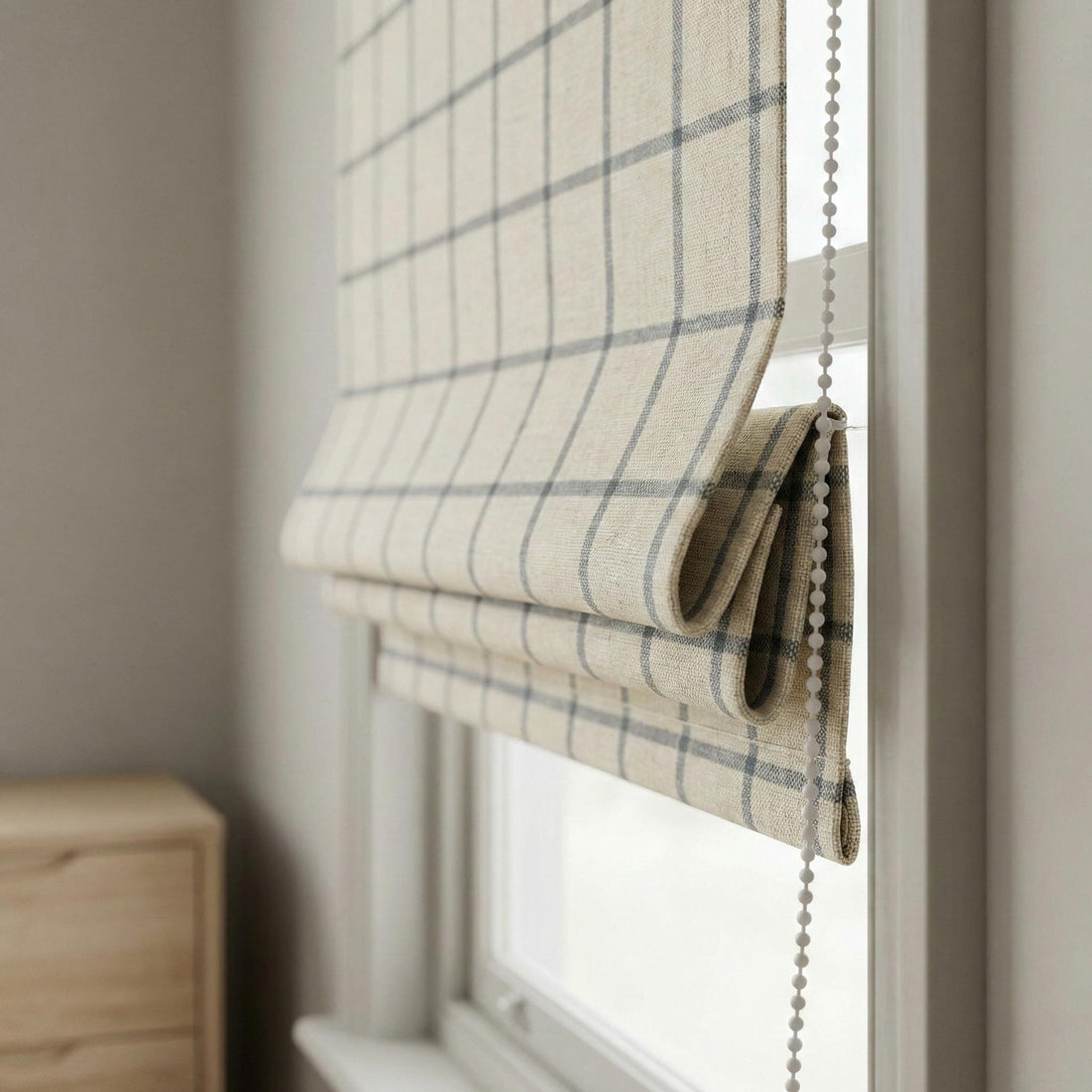 Natural Linen Plaid Roman Shade, Custom Corded Window Blind (Light Filtering or Blackout) — image 1