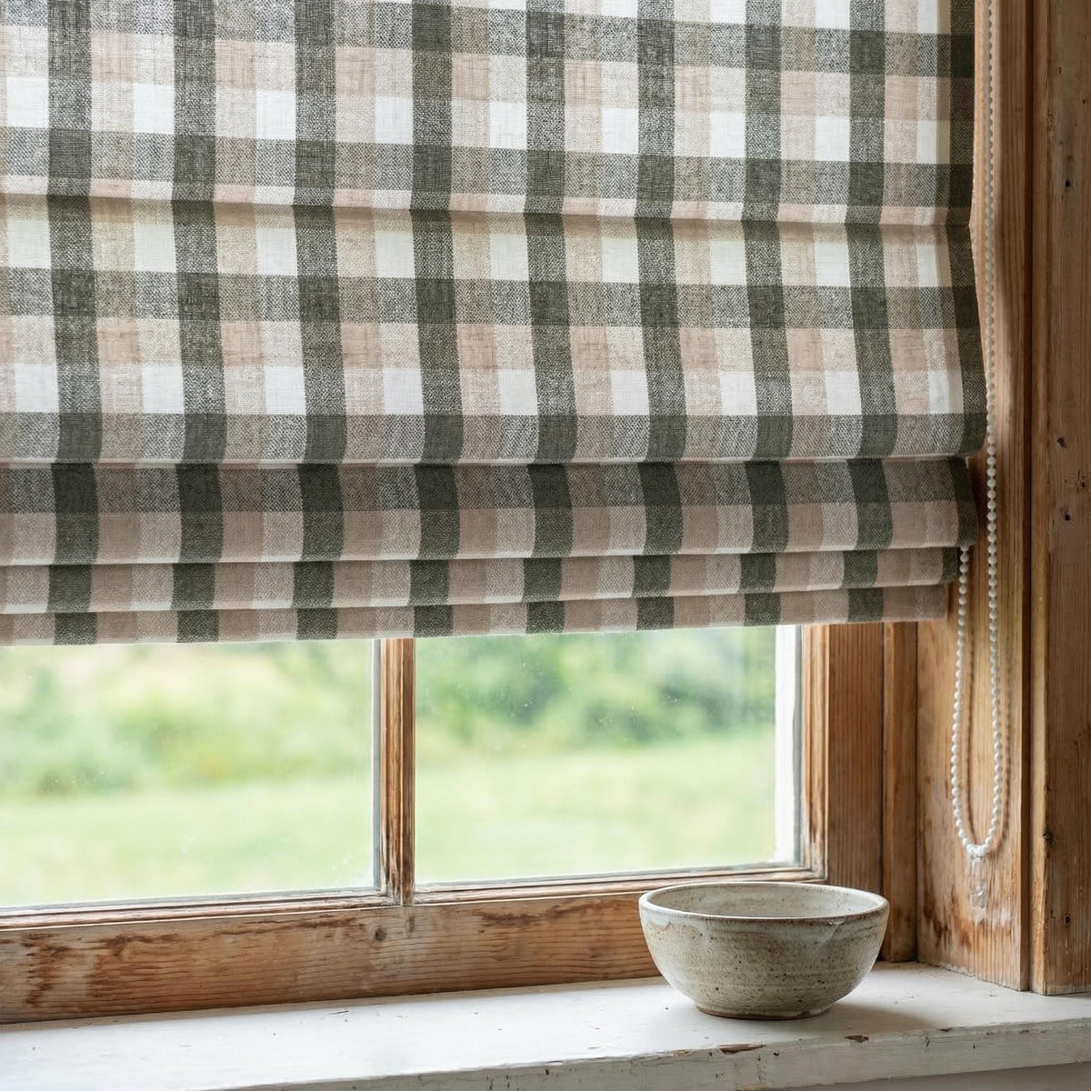 Custom Plaid Linen Roman Shades, Sage Green Beige Farmhouse (Light Filtering or Blackout) — image 3