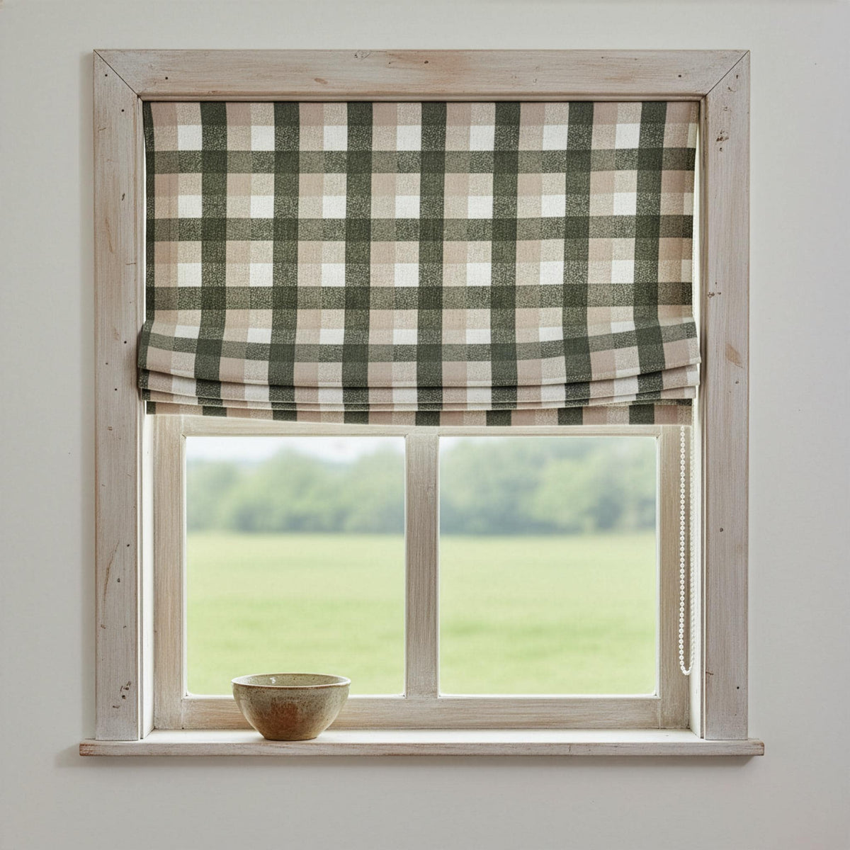 Custom Plaid Linen Roman Shades, Sage Green Beige Farmhouse (Light Filtering or Blackout) — image 6