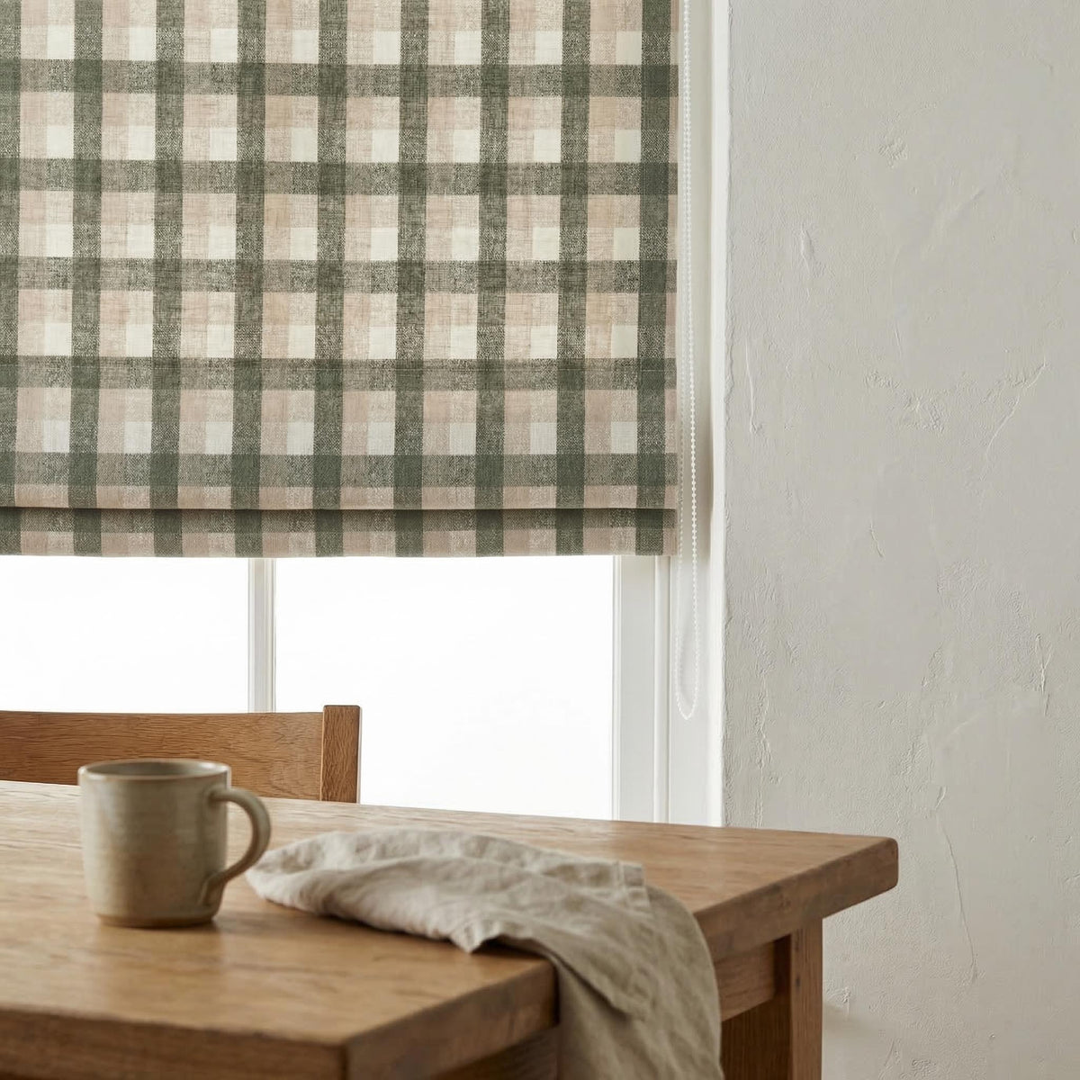 Custom Plaid Linen Roman Shades, Sage Green Beige Farmhouse (Light Filtering or Blackout) — image 4