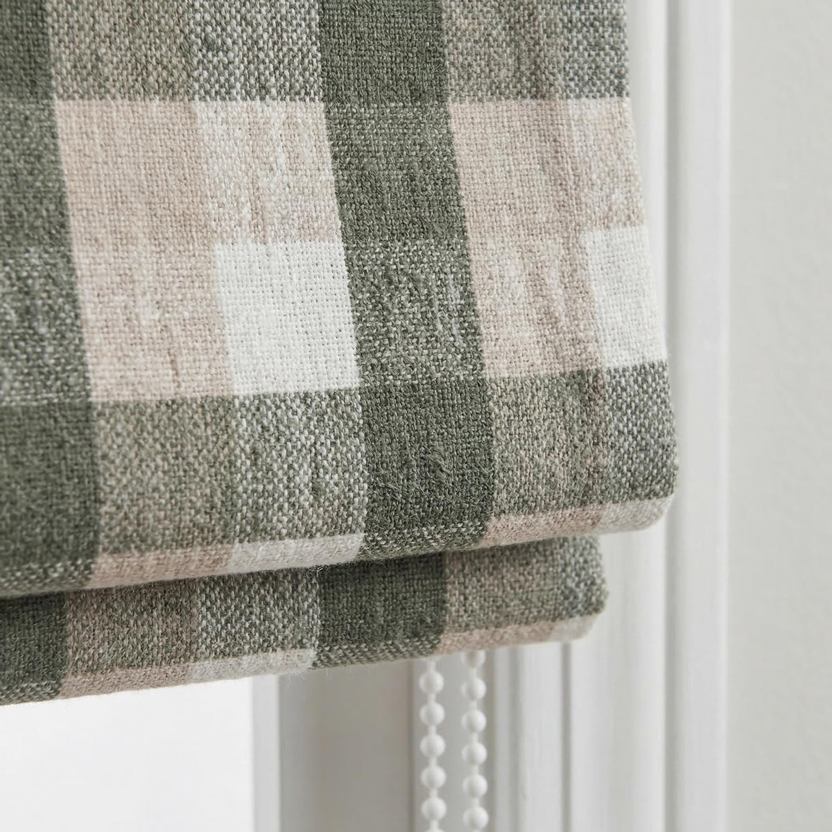 Custom Plaid Linen Roman Shades, Sage Green Beige Farmhouse (Light Filtering or Blackout) — image 1