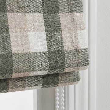 Custom Plaid Linen Roman Shades, Sage Green Beige Farmhouse (Light Filtering or Blackout) — image 1