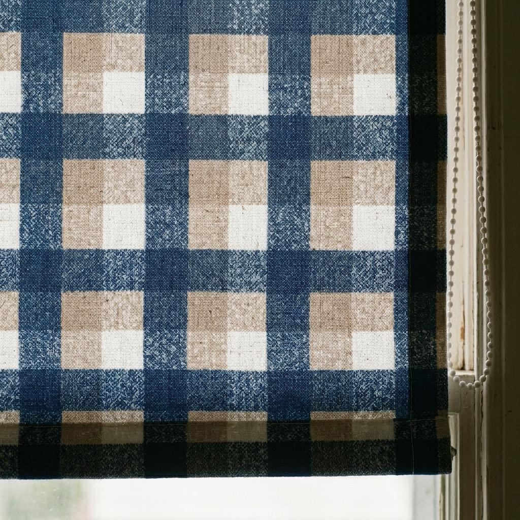 Custom Plaid Linen Roman Shades, Navy Beige Farmhouse Window Treatments (Blackout/Light Filtering) — image 7