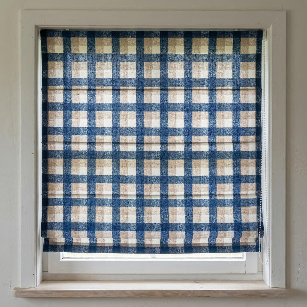Custom Plaid Linen Roman Shades, Navy Beige Farmhouse Window Treatments (Blackout/Light Filtering) — image 5