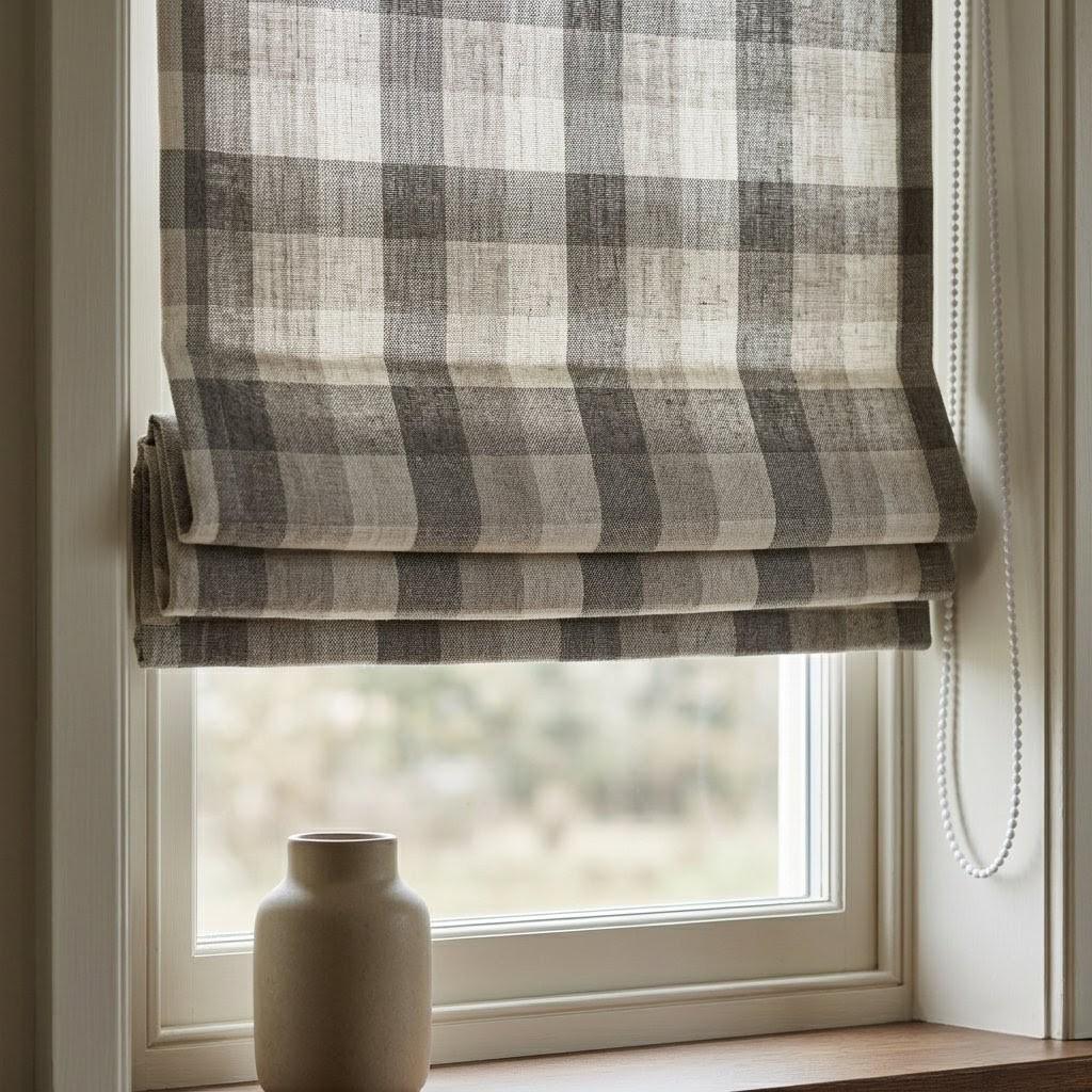 Custom Plaid Linen Roman Shades, Farmhouse Check Window Treatments (Light Filtering or Blackout) — image 9