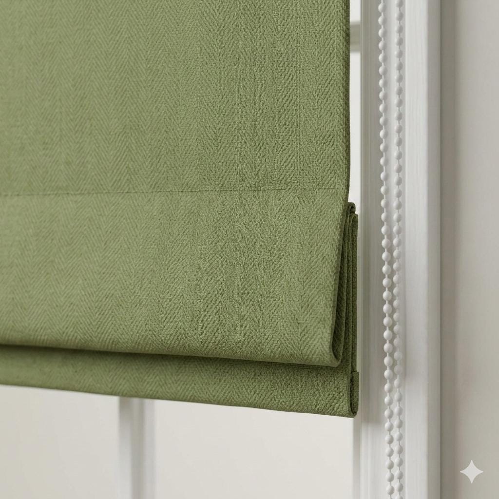 Sage Green Herringbone Linen Roman Shade, Custom Corded Window Blind (Light Filtering or Blackout) — image 1