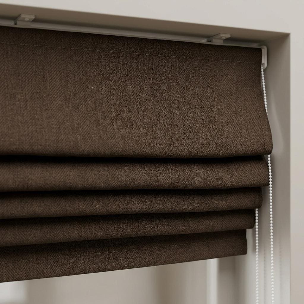 Dark Chocolate Herringbone Linen Roman Shade, Corded Window Blind (Light Filtering or Blackout Lined) — image 1