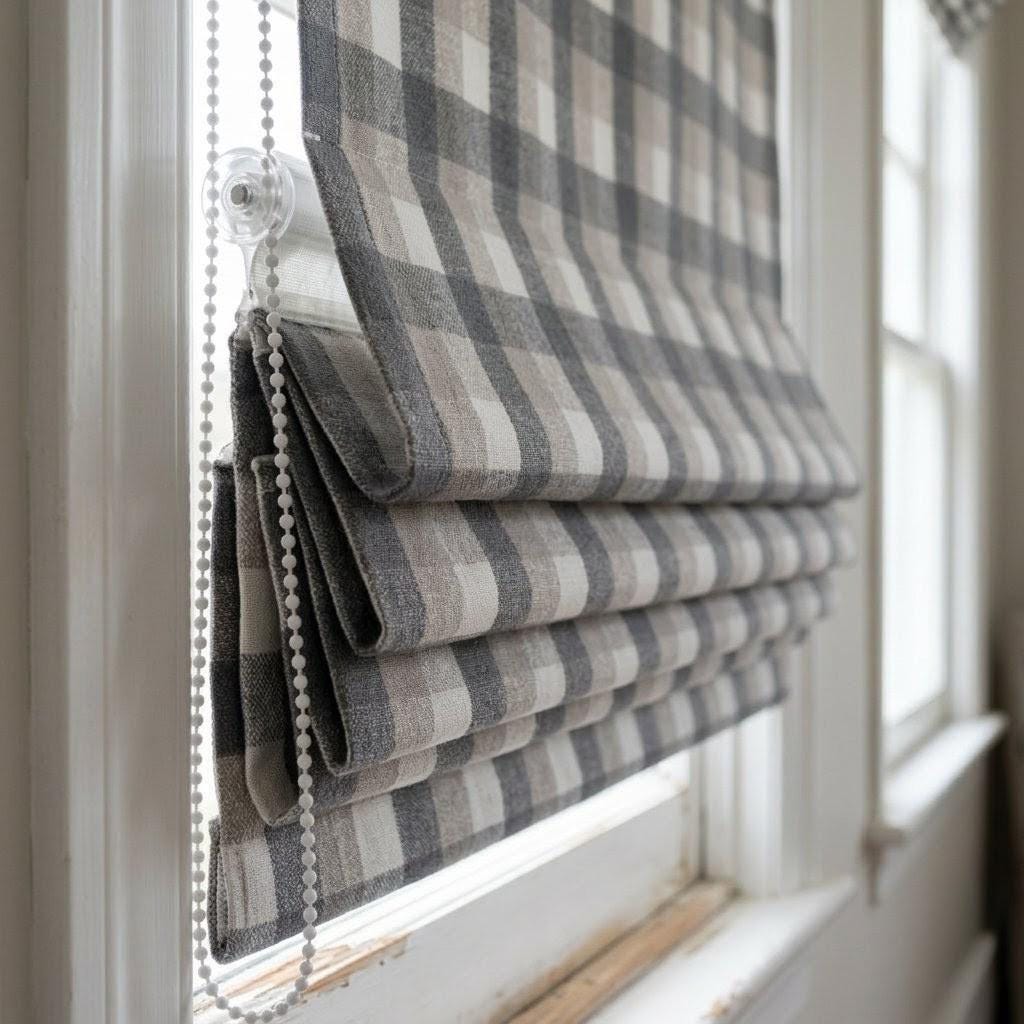 Custom Plaid Linen Roman Shades, Charcoal Beige Farmhouse Window Treatments — image 4