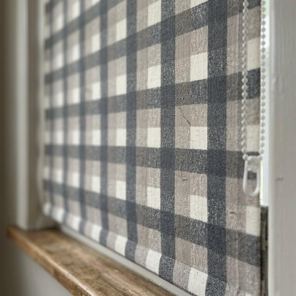 Custom Plaid Linen Roman Shades, Charcoal Beige Farmhouse Window Treatments — image 2