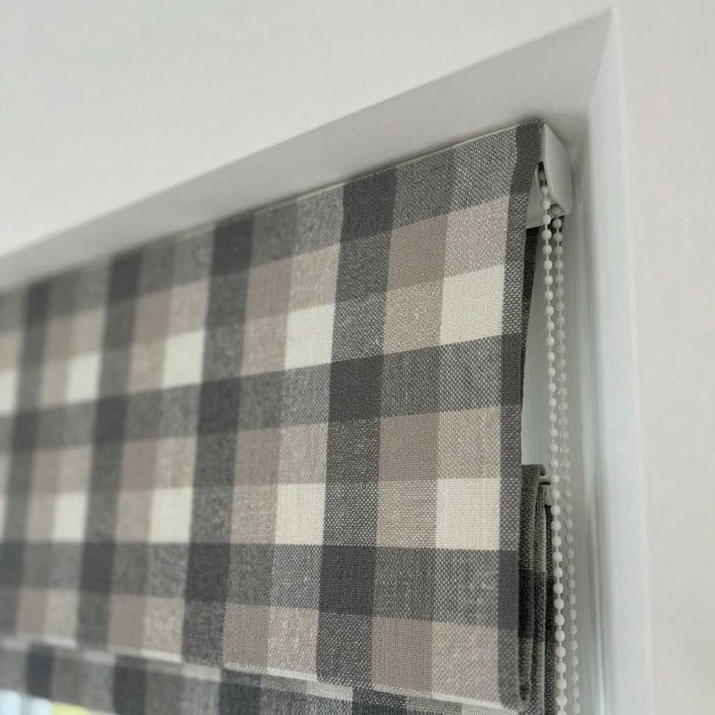 Custom Plaid Linen Roman Shades, Charcoal Beige Farmhouse Window Treatments — image 3