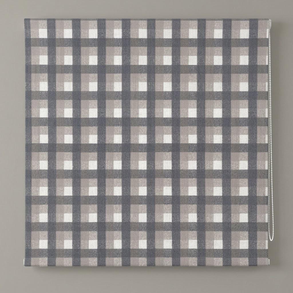 Custom Plaid Linen Roman Shades, Charcoal Beige Farmhouse Window Treatments — image 7