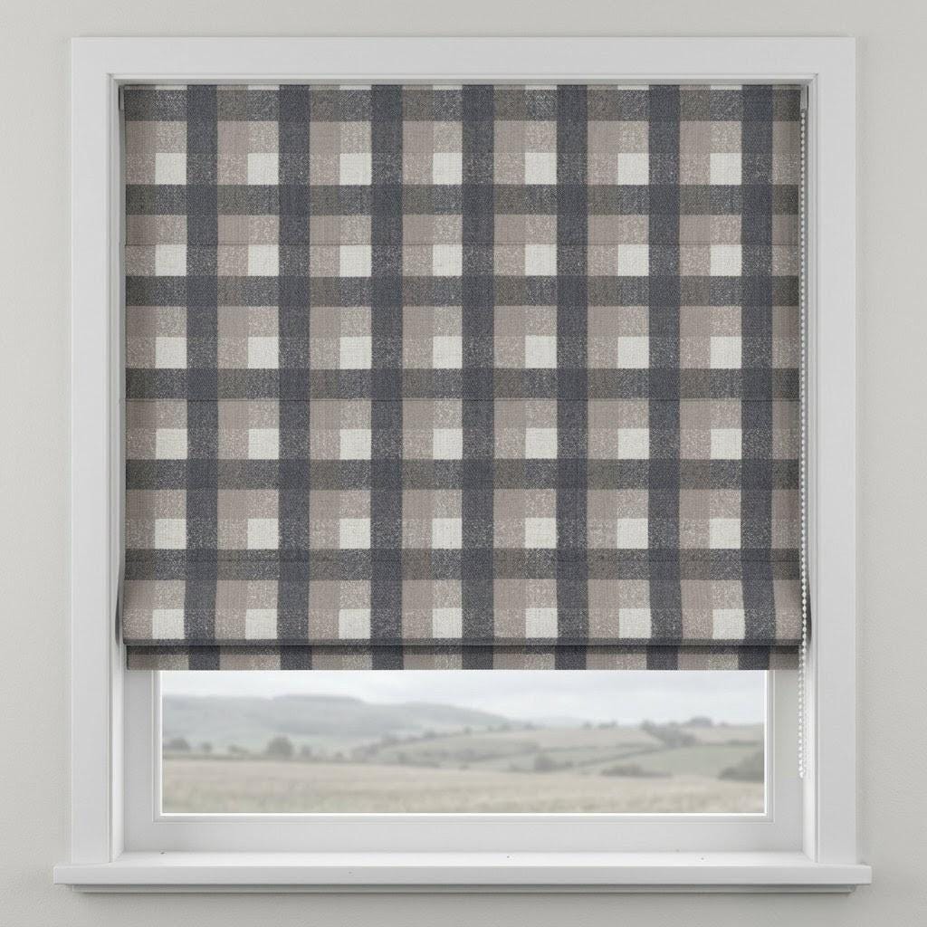 Custom Plaid Linen Roman Shades, Charcoal Beige Farmhouse Window Treatments — image 5